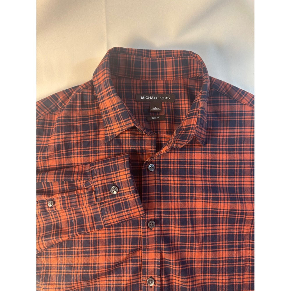 Michael Kors Mens Medium Slim Fit Plaid Button Down‎ Shirt - Red and Black